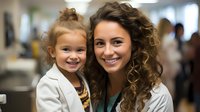 Young female medical professional with curly brown hair wearing white coat smiles warmly with small child patient in modern healthcare setting, expressing care and trust.