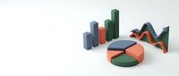 Business analytics dashboard with colorful 3D charts, graphs and data visualization elements on white background for financial reporting presentations.