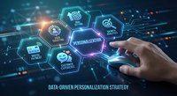 Data-driven personalization strategy concept with hand touching digital interface showing customer analytics and marketing automation hexagonal icons.