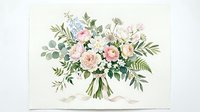 Watercolor wedding bouquet with pink roses, eucalyptus, and wildflowers tied with a ribbon, isolated on white background.