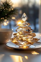 Crystal glass Christmas tree decoration with warm glowing lights on plate, festive bokeh background and evergreen branch creates cozy holiday atmosphere.