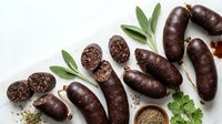 Artisanal blood sausage with herbs and spices on white background. Traditional European charcuterie for gourmet cooking and culinary presentations.