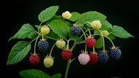 Fresh ripe and unripe raspberries on branch with green leaves against dark background, showing different stages of berry ripeness and natural growth process.