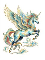 Watercolor winged unicorn with gold ornamental details, isolated on transparent background. Great for stickers, t-shirt design, print on demand, and sublimation crafts.