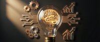 Golden brain inside glass light bulb with circuit lines, gears, and growth arrows on dark background, symbolizing smart innovation and business success.