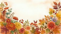 Watercolor autumn floral border with chrysanthemums, dahlias, berries, and fall leaves framing a warm cream background for seasonal design.