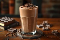 Creamy chocolate milkshake topped with dark chocolate shavings in tall glass, surrounded by chocolate pieces on rustic wooden table. Indulgent dessert drink.
