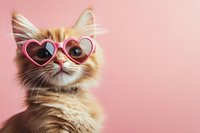 Adorable orange tabby kitten wearing pink heart-shaped sunglasses on soft pink background. Cute pet portrait for Valentine's Day cards and romantic designs.