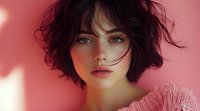 Young Asian woman with short dark tousled hair and natural makeup against pink background, wearing knit sweater. Soft lighting creates dreamy atmosphere.