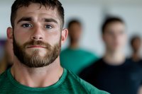 Confident athletic Caucasian male with beard wearing green t-shirt looking at camera with determined expression against blurred background of people in fitness setting.