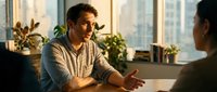 Young professional Caucasian man in casual shirt having friendly conversation at modern office desk with colleague during golden hour lighting.