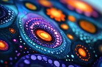 Vibrant cosmic mandala pattern in deep blue and orange with intricate dotted details and spiral formations glowing against dark background, creating mystical atmosphere.