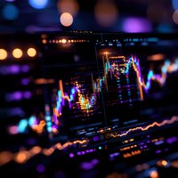Colorful financial market data visualization with glowing candlestick charts and trading indicators on dark background, bokeh lights create depth and atmosphere.