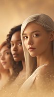Diverse women with different skin tones and features in soft golden light with glitter effects, representing beauty, inclusivity and natural glamour in cosmetics industry.