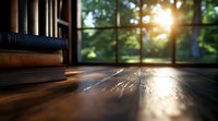 Sunlight streaming through window onto wooden floor boards with stacked books, creating warm atmospheric morning glow and dramatic shadows in cozy interior space.