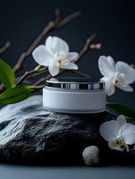 White cosmetic cream jar on dark stone with orchid flowers and natural elements against black background, creating luxurious spa atmosphere.