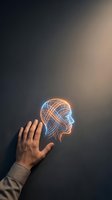 Hand touching glowing neon head profile with blue and orange wireframe lines against dark background, representing artificial intelligence, neural networks, and digital mind technology.