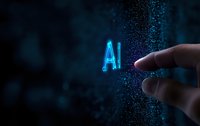 Glowing blue AI text with digital particle effect touched by human finger on dark background, representing artificial intelligence technology interaction.