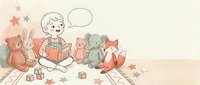 Young child reading storybook to stuffed animal toys including teddy bear, bunny, elephant and fox in cozy nursery setting with speech bubble for text.