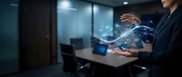 Professional businesswoman analyzing holographic data visualization and digital analytics in modern office environment for technology presentations.