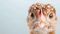Close up portrait of young spotted chicken with brown feathers and large expressive eyes against light background, macro photography of farm bird face.