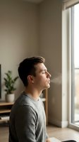 Young man practicing mindfulness meditation with eyes closed in modern home interior by window for mental health and wellness routine.