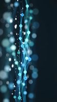 Abstract blue flowing lines with glowing particles and bokeh lights on dark background for digital technology and futuristic design concepts.