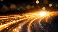 Glowing golden light trails with sparkles and bokeh effects on dark background create magical atmosphere for festive or spiritual designs.