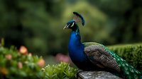 Majestic peacock with vibrant blue and green plumage perched on mossy ground against dark natural background, displaying ornate feathers in side profile view.
