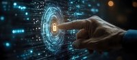 Male hand touching digital security interface with lock icon, representing cybersecurity and data protection in modern technology environment.