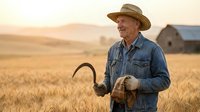 Senior Caucasian farmer in straw hat and denim jacket holding sickle in golden wheat field at sunset with barn in background during harvest season.