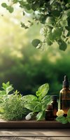Fresh herbs and essential oil bottles on wooden surface against green garden background. Natural aromatherapy and herbal medicine concept with soft bokeh lighting.