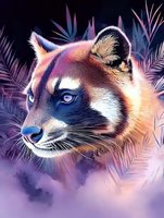 Mystical mountain lion portrait with piercing blue eyes against purple tropical foliage background, artistic fantasy wildlife illustration in vibrant colors.