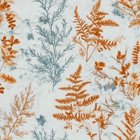Delicate fern leaves pattern in orange and blue tones on light background, botanical seamless design for fabric, wallpaper and home decor.
