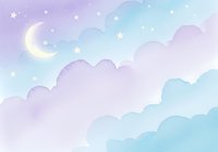 Dreamy pastel sky with fluffy clouds, crescent moon and twinkling stars in soft purple, pink and blue gradient colors for nursery decor and fantasy designs.