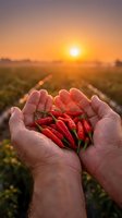 Farmer hands holding fresh red chili peppers at golden sunset over agricultural field showcasing organic harvest and sustainable farming practices.