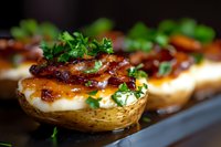 Loaded potato skins topped with melted cheese, crispy bacon bits and fresh chopped parsley on dark background, selective focus on foreground appetizer.