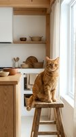 Orange tabby cat sitting on wooden stool in bright Scandinavian kitchen with natural wood cabinetry, open shelving, and woven baskets for home decor and pet lifestyle content.