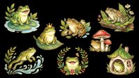 Cute frogs and toads with leaves, mushrooms, and nature elements isolated on transparent background. Ready for t-shirt design, clipart, stickers, sublimation, and print-on-demand products.