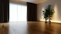 Empty modern minimalist room interior with wooden floor, dark curtains, white sheer curtains, decorative plants and ambient lighting. Suitable for real estate listings.