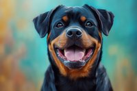 Happy Rottweiler dog portrait with friendly smile and bright eyes against turquoise background, showing positive pet emotion and healthy canine expression.