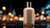 Luxury perfume bottle with golden cap on dark surface against blurred city lights bokeh background for premium fragrance and cosmetics advertising.