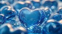 Blue crystal heart shape with water drops and bokeh effect on reflective surface, romantic love concept for valentines day and wedding designs.