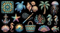 Colorful ocean clipart set with turtle, seahorse, shells, jellyfish, coral, anchor, and beach bag, isolated on transparent background, ready for stickers and print on demand.