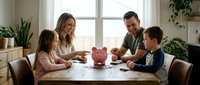 Happy family with children learning about money savings with pink piggy bank at home dining table together.