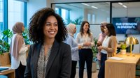 Professional African American businesswoman smiling in modern office with diverse team collaborating in background during corporate meeting.