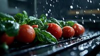 Fresh red cherry tomatoes and basil leaves with water drops splashing in dramatic lighting on dark background, macro food photography for restaurant menu.