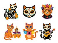 Day of the Dead cat illustrations with skeleton and floral designs, isolated on white background. Perfect for t-shirt prints, clipart collections, and festive merchandise design.