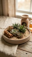 Succulent plants and cinnamon sticks arranged in ceramic bowl on wooden table with warm natural lighting for home decor and wellness lifestyle concepts.