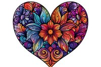 Ornate floral heart shape with vibrant multicolored blooms and swirling patterns featuring red, purple, blue and orange flowers in decorative folk art style on white background.